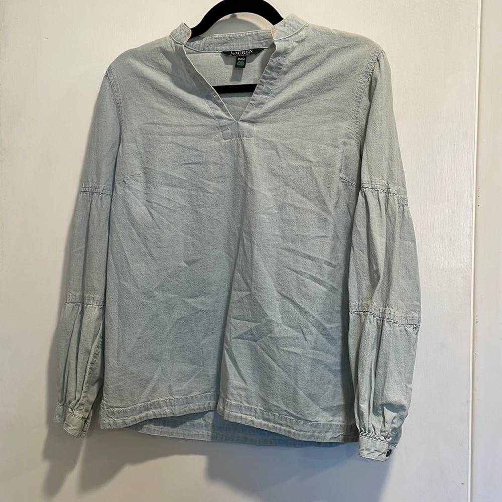 Ralph Lauren buttonless, collarless v neck denim shirt with push sleeves